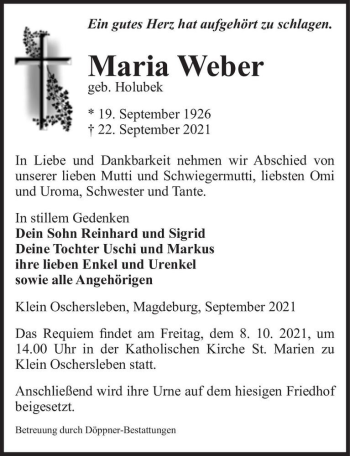 Traueranzeige von Maria Weber (geb. Holubek)  von Magdeburger Volksstimme