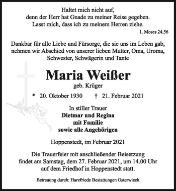 Traueranzeige von Maria Weißer (geb. Krüger)  von Magdeburger Volksstimme