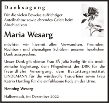 Traueranzeige von Maria Wesarg  von Magdeburger Volksstimme