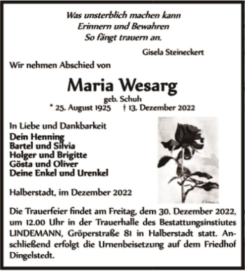 Traueranzeige von Maria Wesarg (geb. Schuh)  von Magdeburger Volksstimme