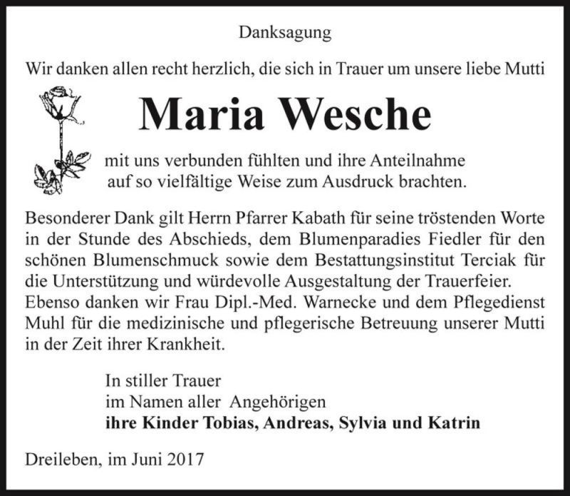  Traueranzeige für Maria Wesche  vom 24.06.2017 aus Magdeburger Volksstimme