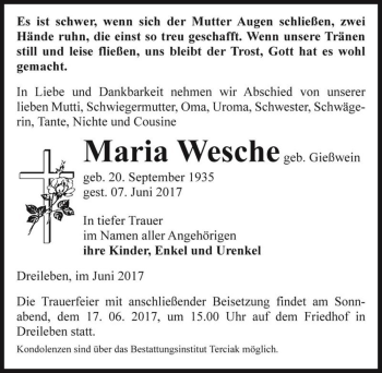 Traueranzeige von Maria Wesche (geb. Gießwein)  von Magdeburger Volksstimme