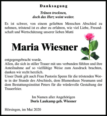 Traueranzeige von Maria Wiesner  von Magdeburger Volksstimme