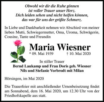 Traueranzeige von Maria Wiesner  von Magdeburger Volksstimme