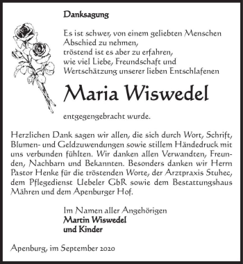 Traueranzeige von Maria Wiswedel  von Magdeburger Volksstimme
