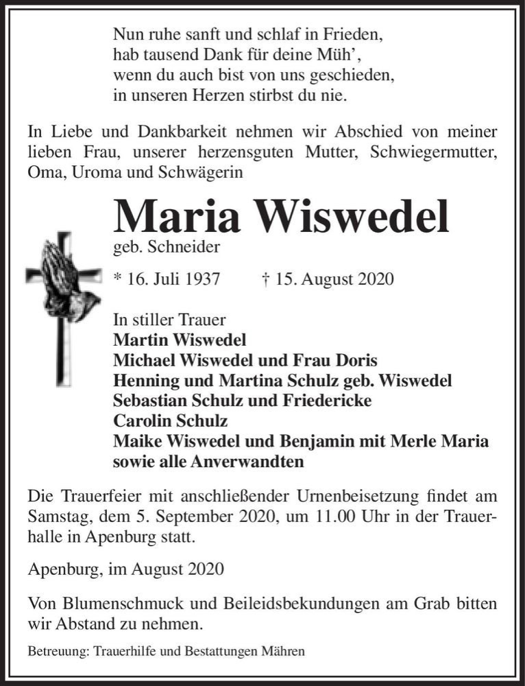  Traueranzeige für Maria Wiswedel (geb. Schneider)  vom 18.08.2020 aus Magdeburger Volksstimme