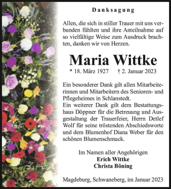 Traueranzeige von Maria Wittke  von Magdeburger Volksstimme