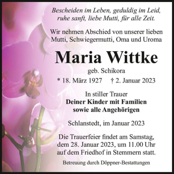 Traueranzeige von Maria Wittke (geb. Schikora)  von Magdeburger Volksstimme