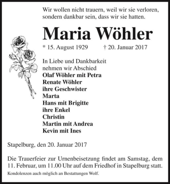 Traueranzeige von Maria Wöhler  von Magdeburger Volksstimme