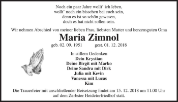 Traueranzeige von Maria Zimnol  von Magdeburger Volksstimme