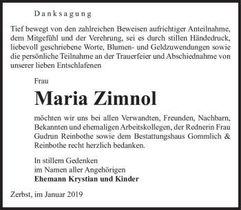 Traueranzeige von Maria Zimnol  von Magdeburger Volksstimme