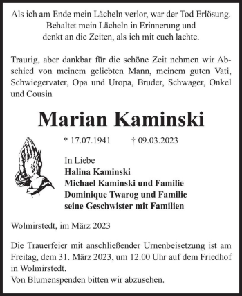 Traueranzeige von Marian Kaminski  von Magdeburger Volksstimme