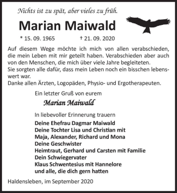 Traueranzeige von Marian Maiwald  von Magdeburger Volksstimme