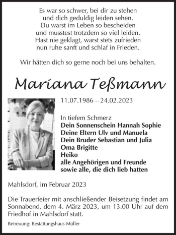 Traueranzeige von Mariana Teßmann  von Magdeburger Volksstimme