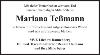 Traueranzeige von Mariana Teßmann  von Magdeburger Volksstimme