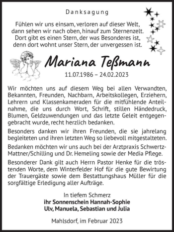 Traueranzeige von Mariana Teßmann  von Magdeburger Volksstimme