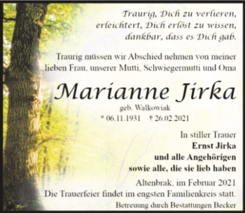 Traueranzeige von Mariann Jirka (geb. Walkowiak)  von Magdeburger Volksstimme