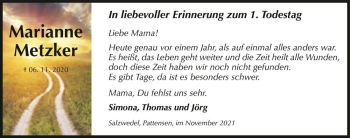 Traueranzeige von Marianna Metzker  von Magdeburger Volksstimme
