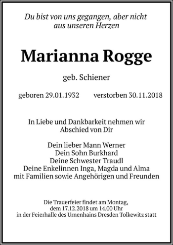 Traueranzeige von Marianna Rogge (geb. Schiener)  von Magdeburger Volksstimme