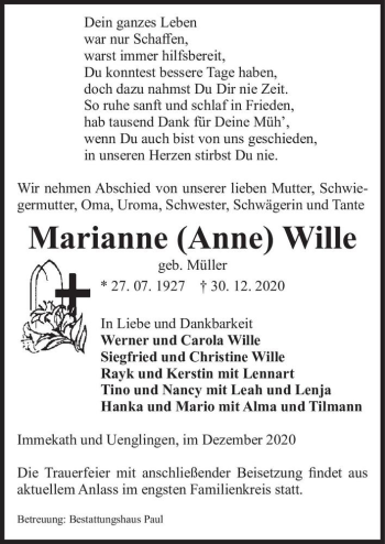 Traueranzeige von Marianne 
