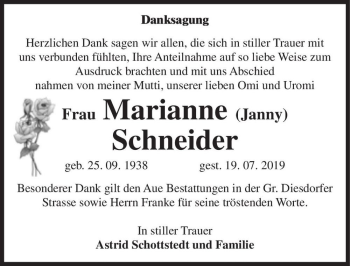 Traueranzeige von Marianne (Janny) Schneider  von Magdeburger Volksstimme