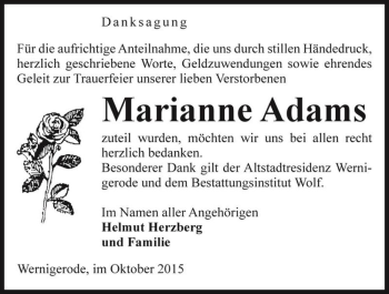 Traueranzeige von Marianne Adams  von Magdeburger Volksstimme