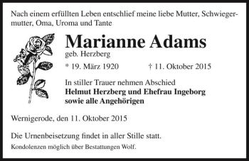 Traueranzeige von Marianne Adams (geb. Herzberg)  von Magdeburger Volksstimme