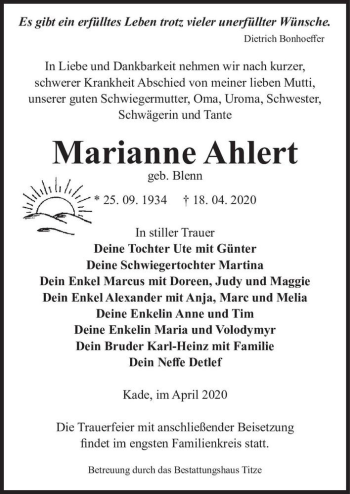 Traueranzeige von Marianne Ahler (geb. Blenn)  von Magdeburger Volksstimme