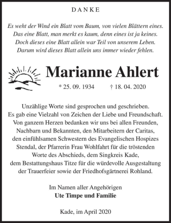 Traueranzeige von Marianne Ahlert  von Magdeburger Volksstimme