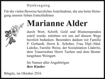 Traueranzeige von Marianne Alder  von Magdeburger Volksstimme
