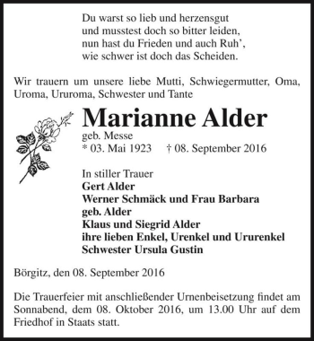 Traueranzeige von Marianne Alder (geb. Messe)  von Magdeburger Volksstimme