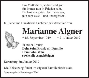 Traueranzeige von Marianne Algner  von Magdeburger Volksstimme