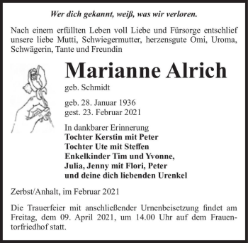 Traueranzeige von Marianne Alrich (geb. Schmidt)  von Magdeburger Volksstimme