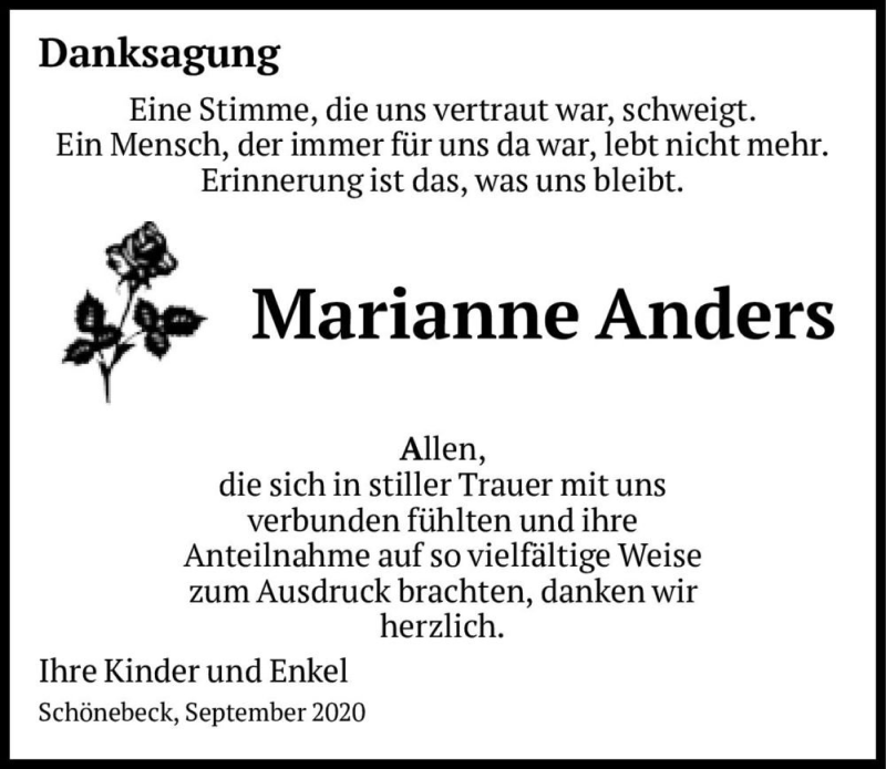  Traueranzeige für Marianne Anders  vom 19.09.2020 aus Magdeburger Volksstimme