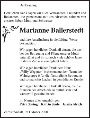 Traueranzeige von Marianne Ballerstedt  von Magdeburger Volksstimme
