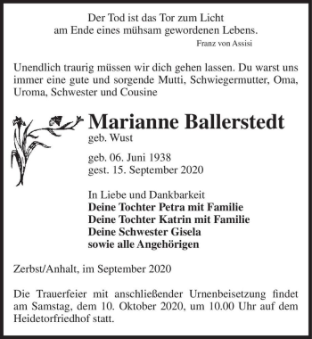 Traueranzeige von Marianne Ballerstedt (geb. Wust)  von Magdeburger Volksstimme