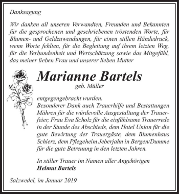 Traueranzeige von Marianne Bartels (geb. Müller)  von Magdeburger Volksstimme