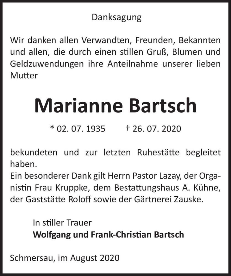  Traueranzeige für Marianne Bartsch  vom 08.08.2020 aus Magdeburger Volksstimme
