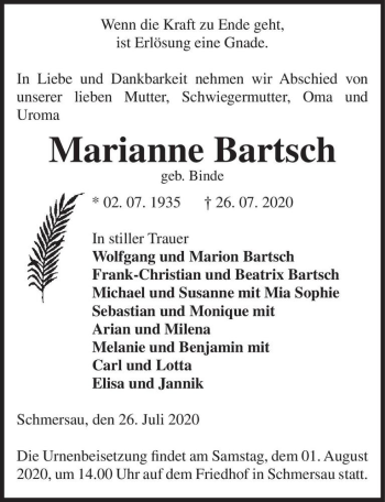 Traueranzeige von Marianne Bartsch (geb. Binde)  von Magdeburger Volksstimme