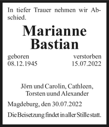Traueranzeige von Marianne Bastian  von Magdeburger Volksstimme