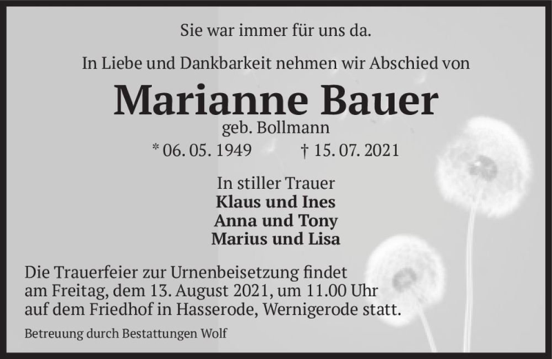  Traueranzeige für Marianne Bauer (geb. Bollmann)  vom 24.07.2021 aus Magdeburger Volksstimme