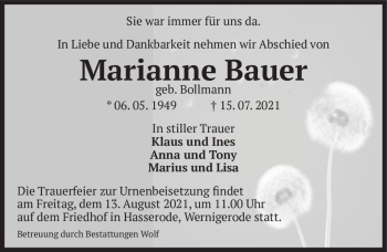 Traueranzeige von Marianne Bauer (geb. Bollmann)  von Magdeburger Volksstimme