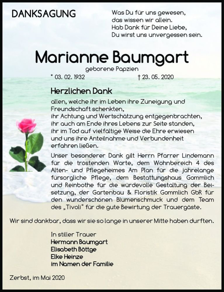  Traueranzeige für Marianne Baumgart (geb. Papzien)  vom 13.06.2020 aus Magdeburger Volksstimme
