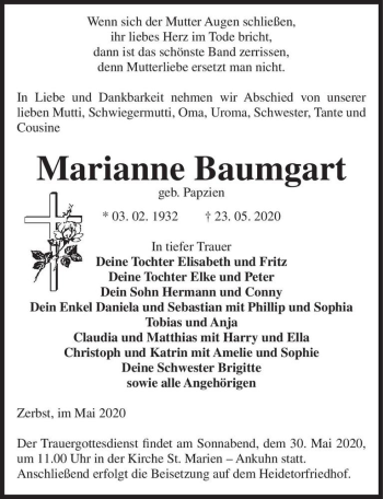 Traueranzeige von Marianne Baumgart (geb. Papzien)  von Magdeburger Volksstimme