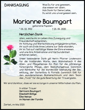 Traueranzeige von Marianne Baumgart (geb. Papzien)  von Magdeburger Volksstimme