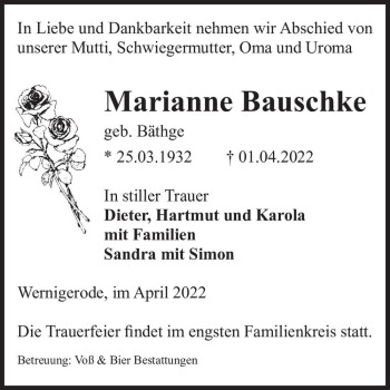 Traueranzeige von Marianne Bauschke (geb. Bäthge)  von Magdeburger Volksstimme