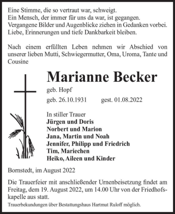 Traueranzeige von Marianne Becker (geb. Hopf)  von Magdeburger Volksstimme