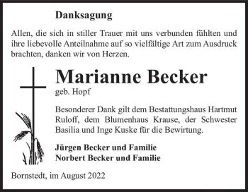 Traueranzeige von Marianne Becker (geb. Hopf)  von Magdeburger Volksstimme