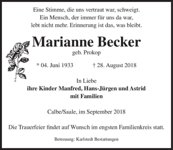 Traueranzeige von Marianne Becker (geb. Prokop)  von Magdeburger Volksstimme