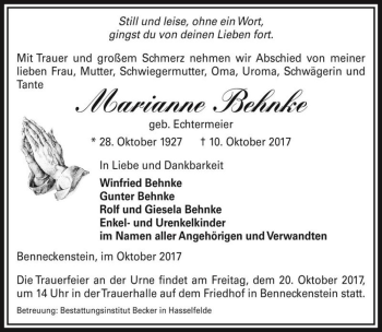 Traueranzeige von Marianne Behnke (geb. Echtermeier)  von Magdeburger Volksstimme